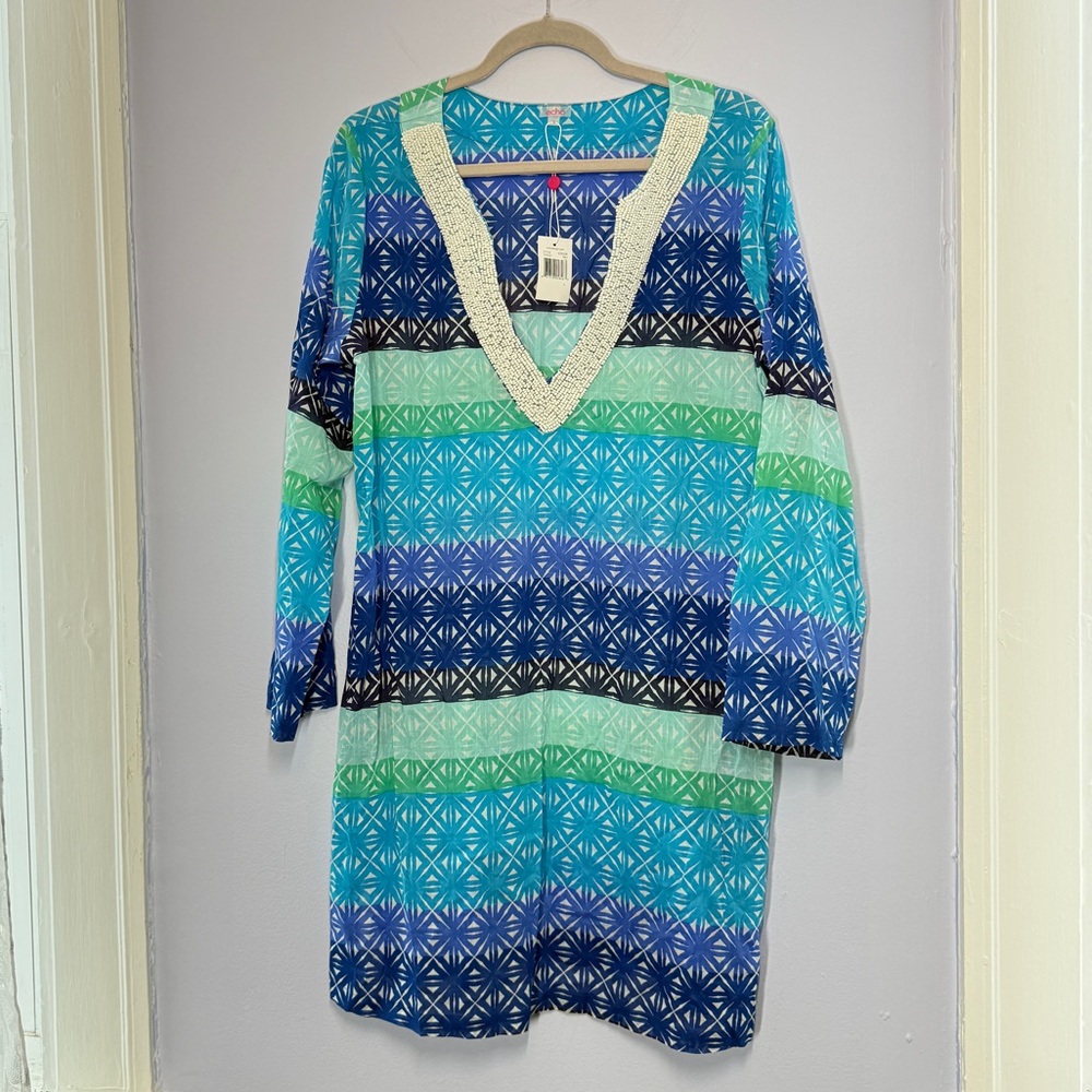 NWT! Echo Design blue white beaded v-neck long sleeve swim cover up size large